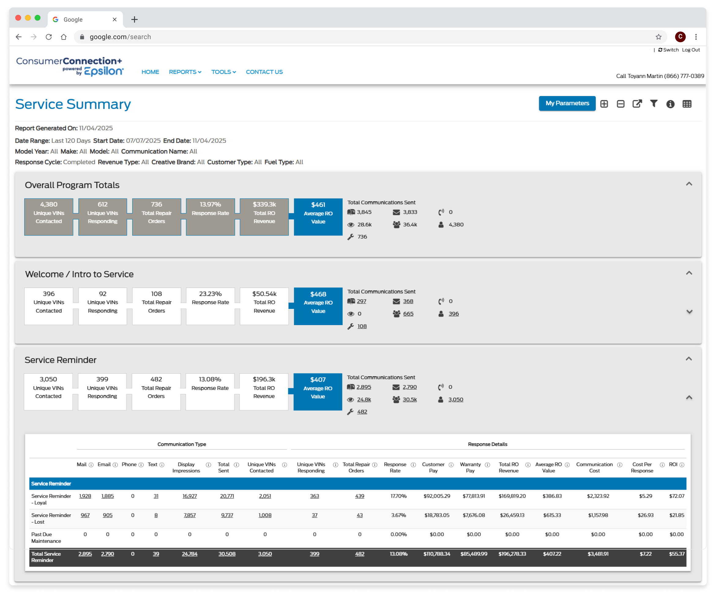 Service Summary dashboard showing program totals, service communications, and response metrics.