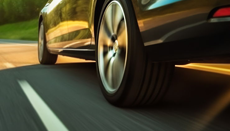 Vehicle tire in motion on the road.