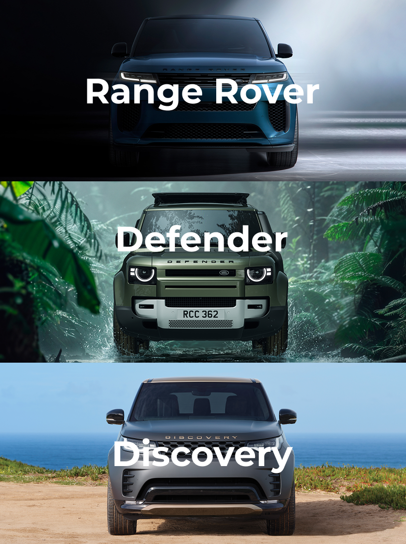 Front view of Land Rover Range Rover, Defender, and Discovery models.