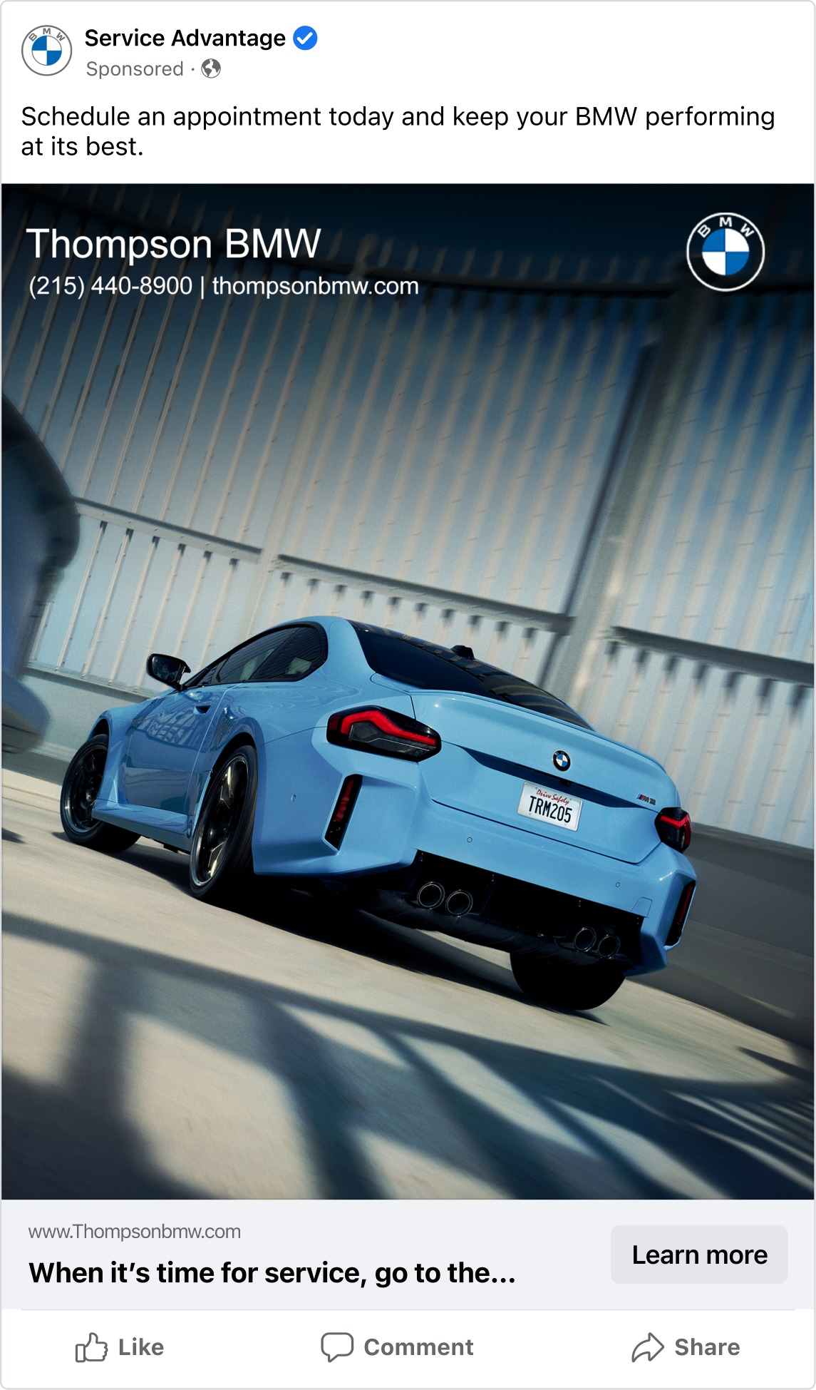 Audience-driven BMW service ad showing a blue BMW driving on a bridge with messaging to schedule a maintenance appointment at Thompson BMW.