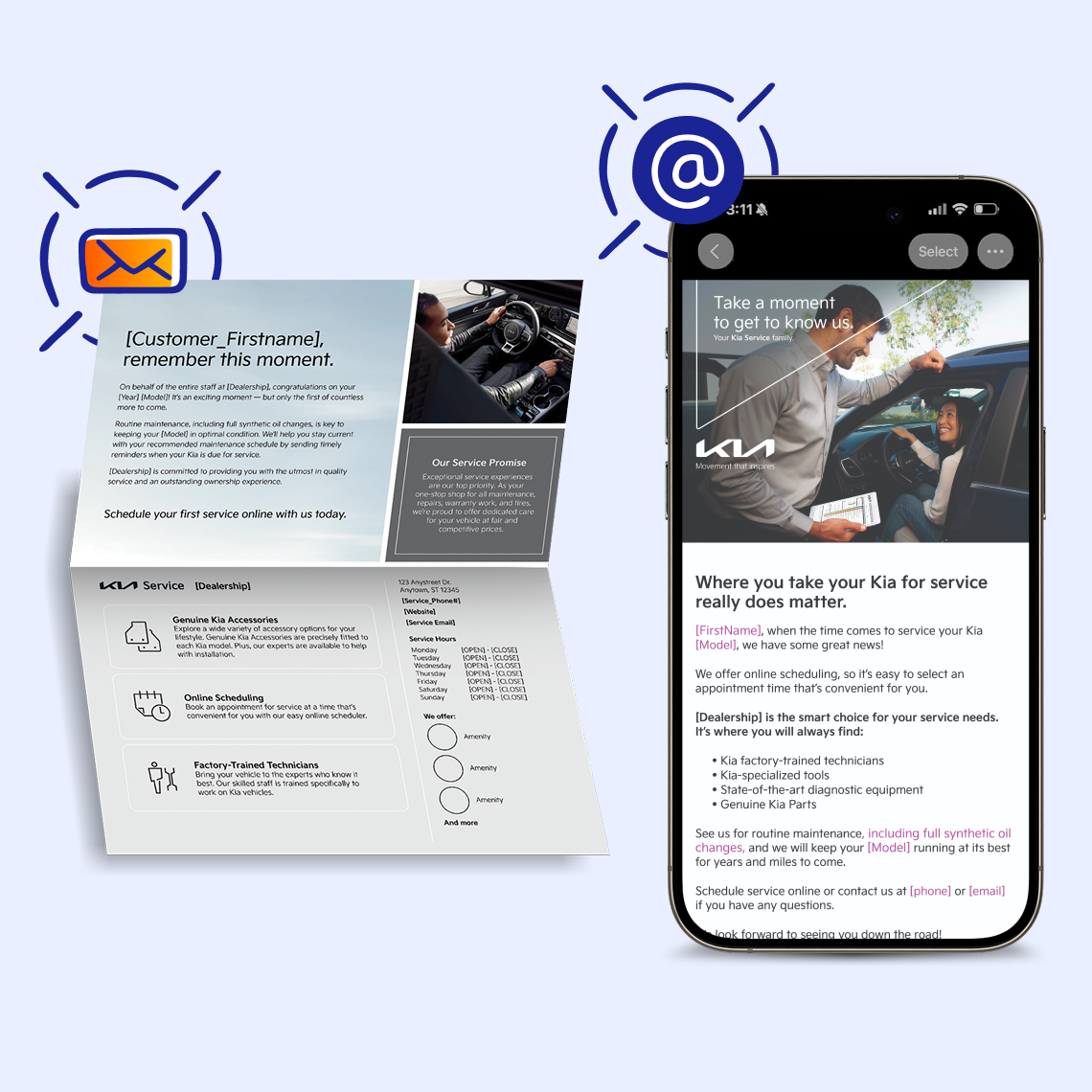 “Direct mail and email examples for Kia service communications.”