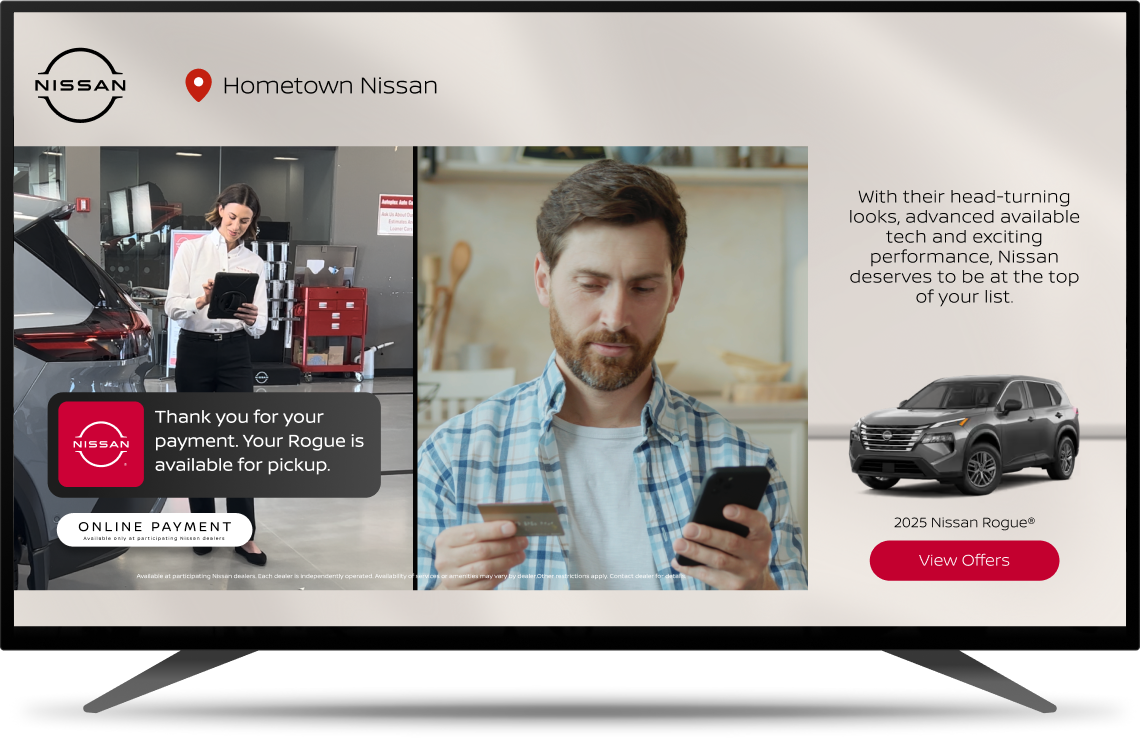 Nissan marketing screen showing service update, online payment, and a 2025 Nissan Rogue offer.
